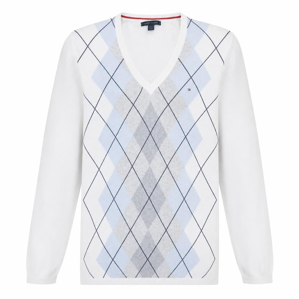 Front view of Tommy Hilfiger Men's White Argyle V-Neck Cotton Jumper, size L