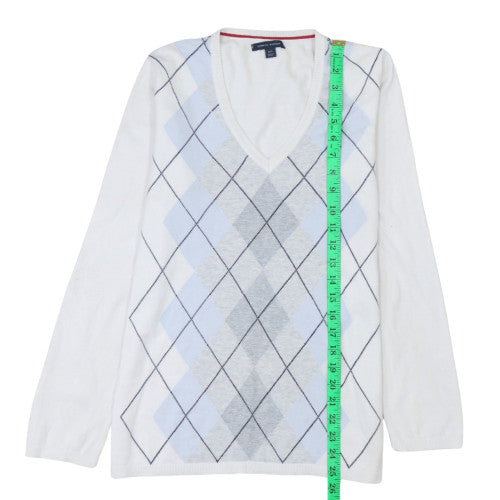Tommy Hilfiger Men's White Argyle V-Neck Cotton Jumper Size L