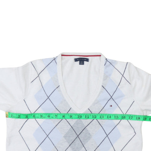 Tommy Hilfiger Men's White Argyle V-Neck Cotton Jumper Size L