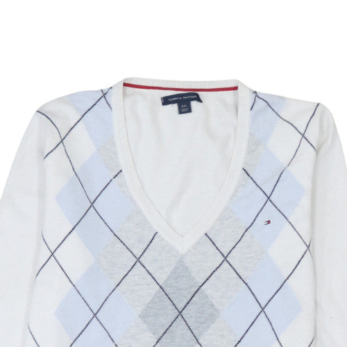 Tommy Hilfiger Men's White Argyle V-Neck Cotton Jumper Size L