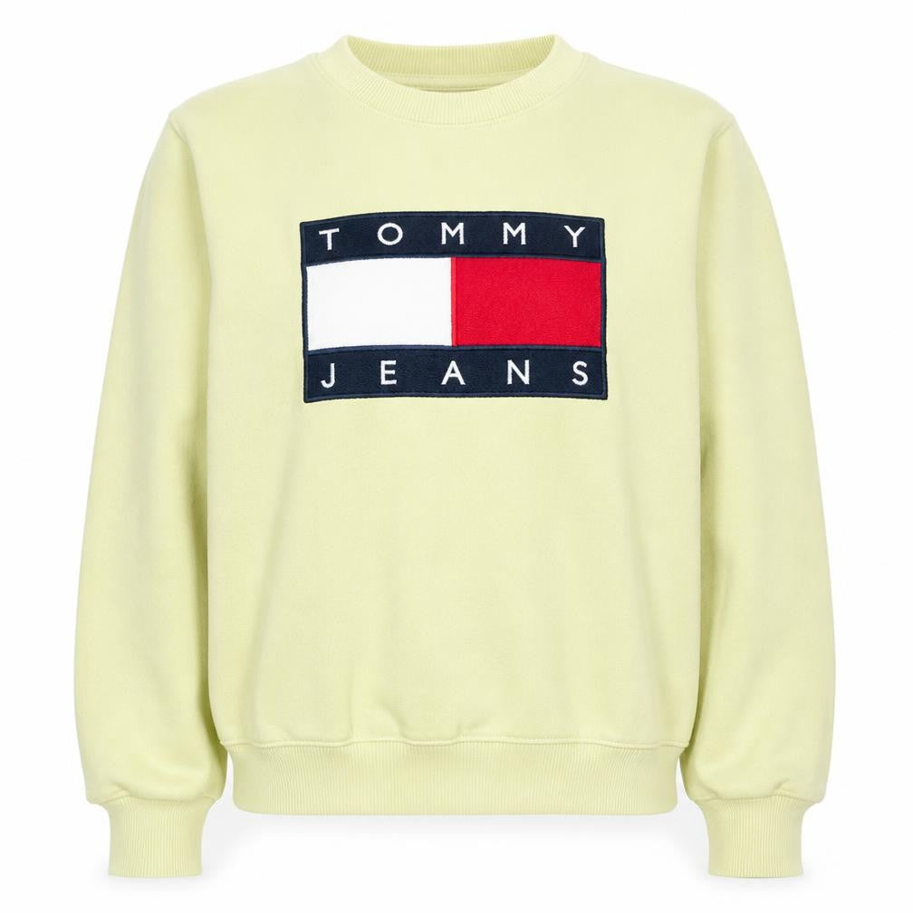 Front view of Tommy Jeans Women's Yellow XL Crew Neck Logo Sweatshirt