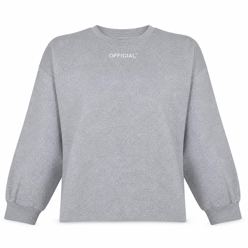 Front view of Boohoo women’s grey crew neck official logo sweatshirt, size UK 12