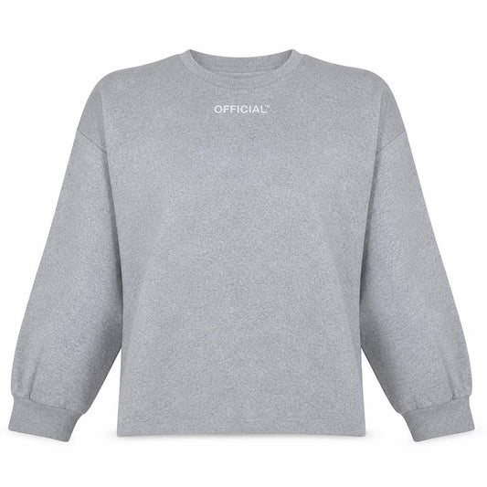 Front view of Boohoo women’s grey crew neck official logo sweatshirt, size UK 12
