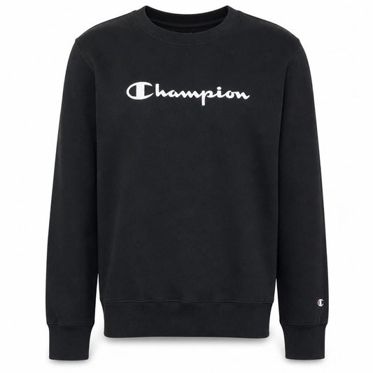 Front view of Champion men’s black large pullover sweatshirt crew neck logo cotton blend