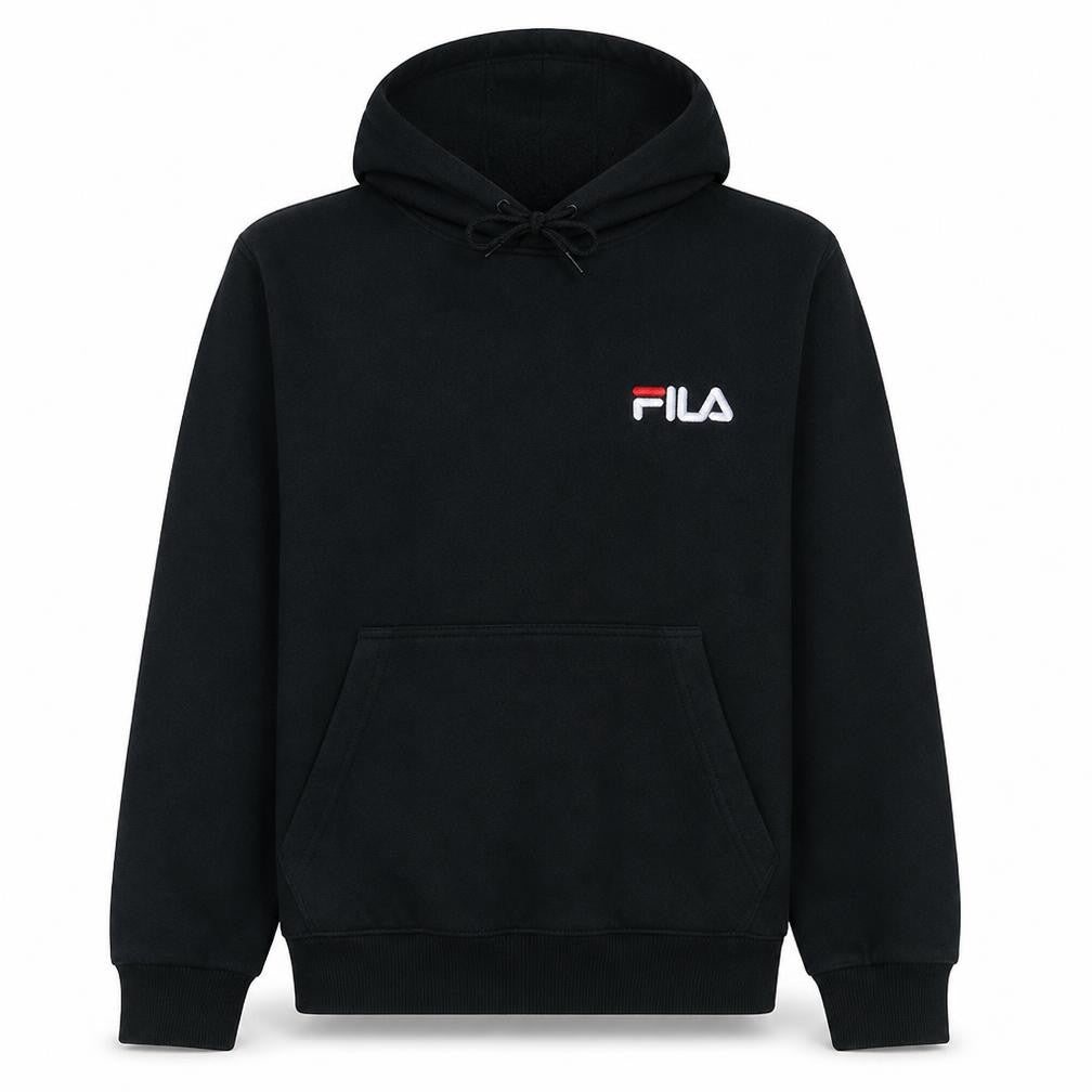 Front view of Fila Men's Black Small Pullover Hoodie with Logo Pocket