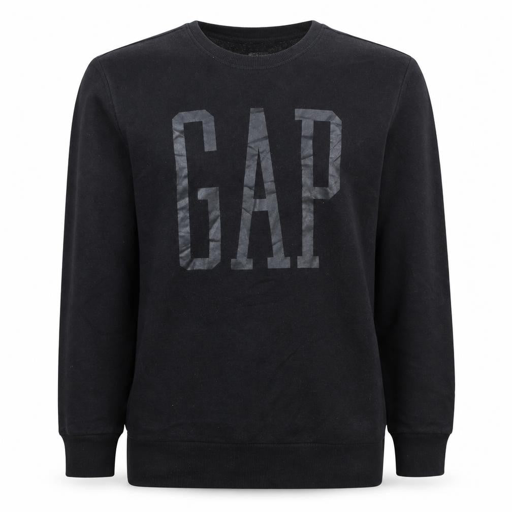 Front view of Gap men’s black crew neck logo pullover sweatshirt, size S