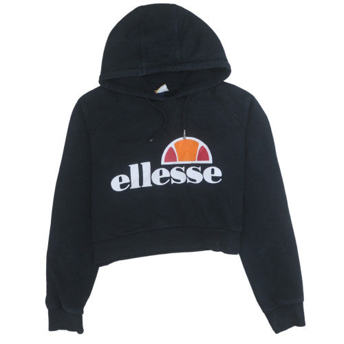 Ellesse Womens Black Cropped Hoodie Size M Logo Print Pullover
