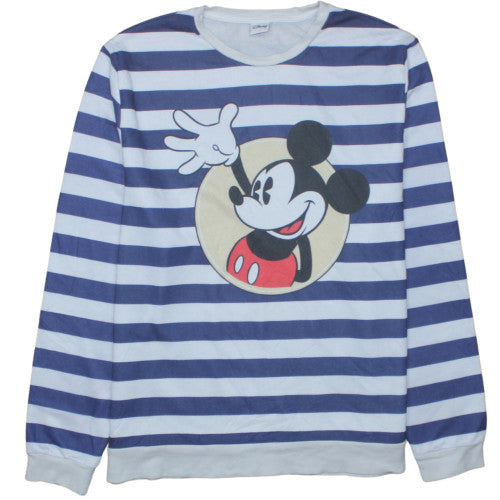 Disney Womens Blue White Striped Mickey Mouse Pullover Sweatshirt L
