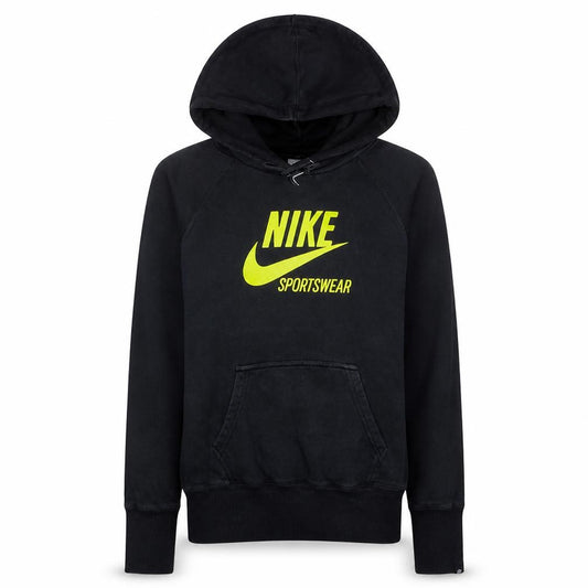 Front view of Nike women’s black sportswear pullover hoodie, size UK 12/14, cotton blend