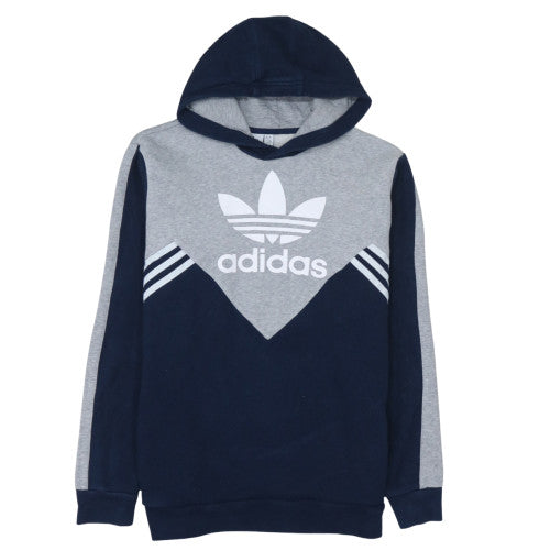 adidas Boys Blue Grey Pullover Hoodie 15-16 Years Colourblock Logo Fleece