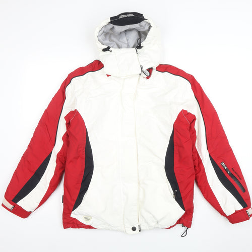 Brugi Women's Red White Ski Jacket Size 10 Hooded Waterproof Winter Coat