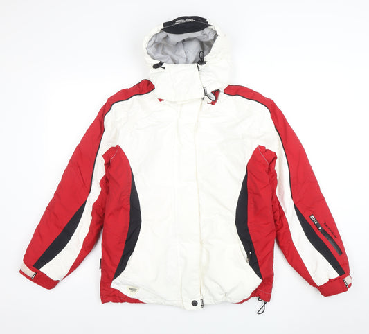 Brugi Women's Red White Ski Jacket Size 10 Hooded Waterproof Winter Coat