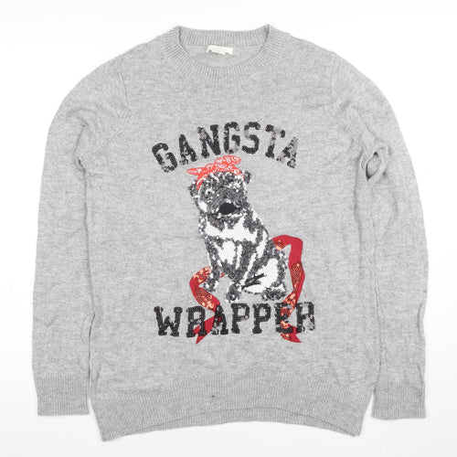 H&M Women’s Grey Sequin Dog Jumper Small Funny Christmas Sweater