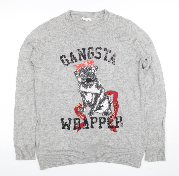 H&M Women’s Grey Sequin Dog Jumper Small Funny Christmas Sweater