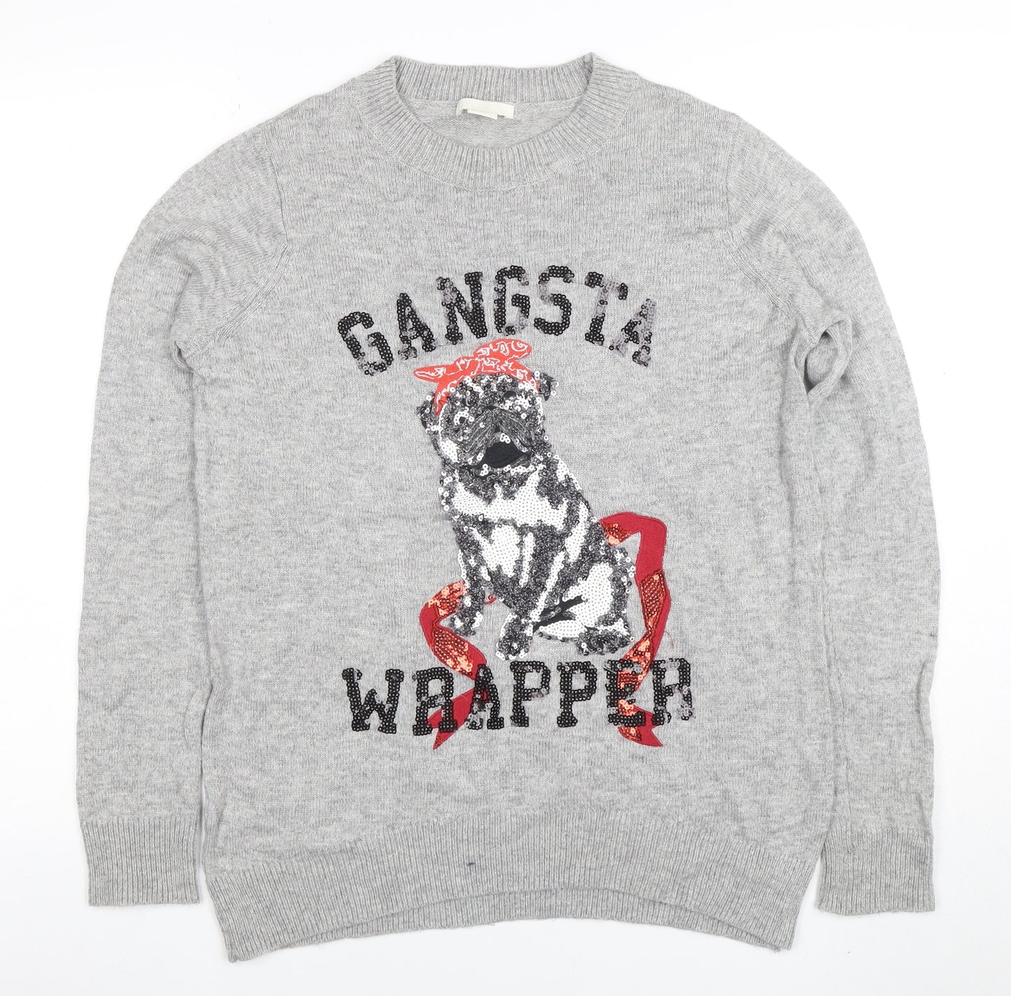 H&M Women’s Grey Sequin Dog Jumper Small Funny Christmas Sweater