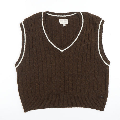 Pull&Bear Teen Brown Cable-Knit V-Neck Sleeveless Vest M