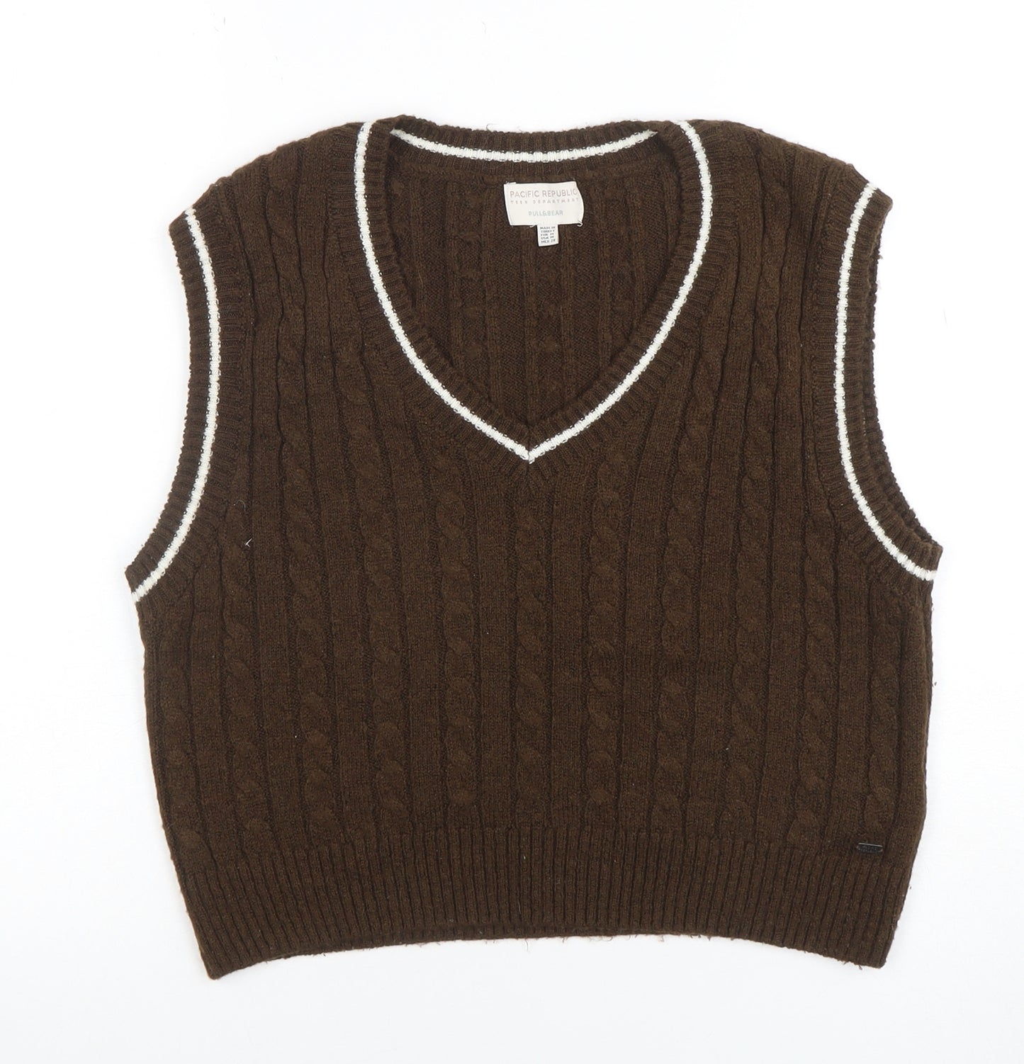 Pull&Bear Teen Brown Cable-Knit V-Neck Sleeveless Vest M