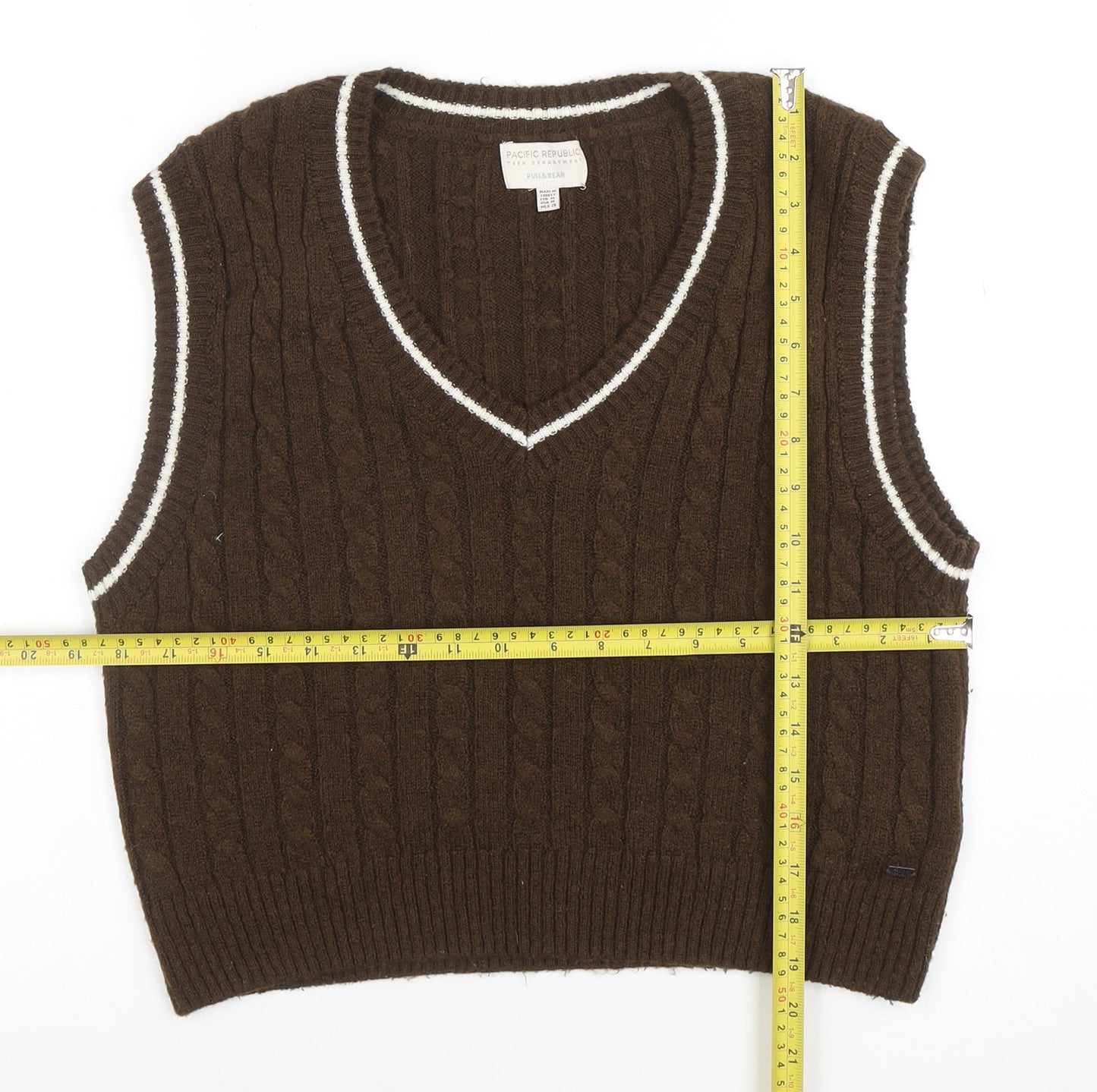 Pull&Bear Teen Brown Cable-Knit V-Neck Sleeveless Vest M