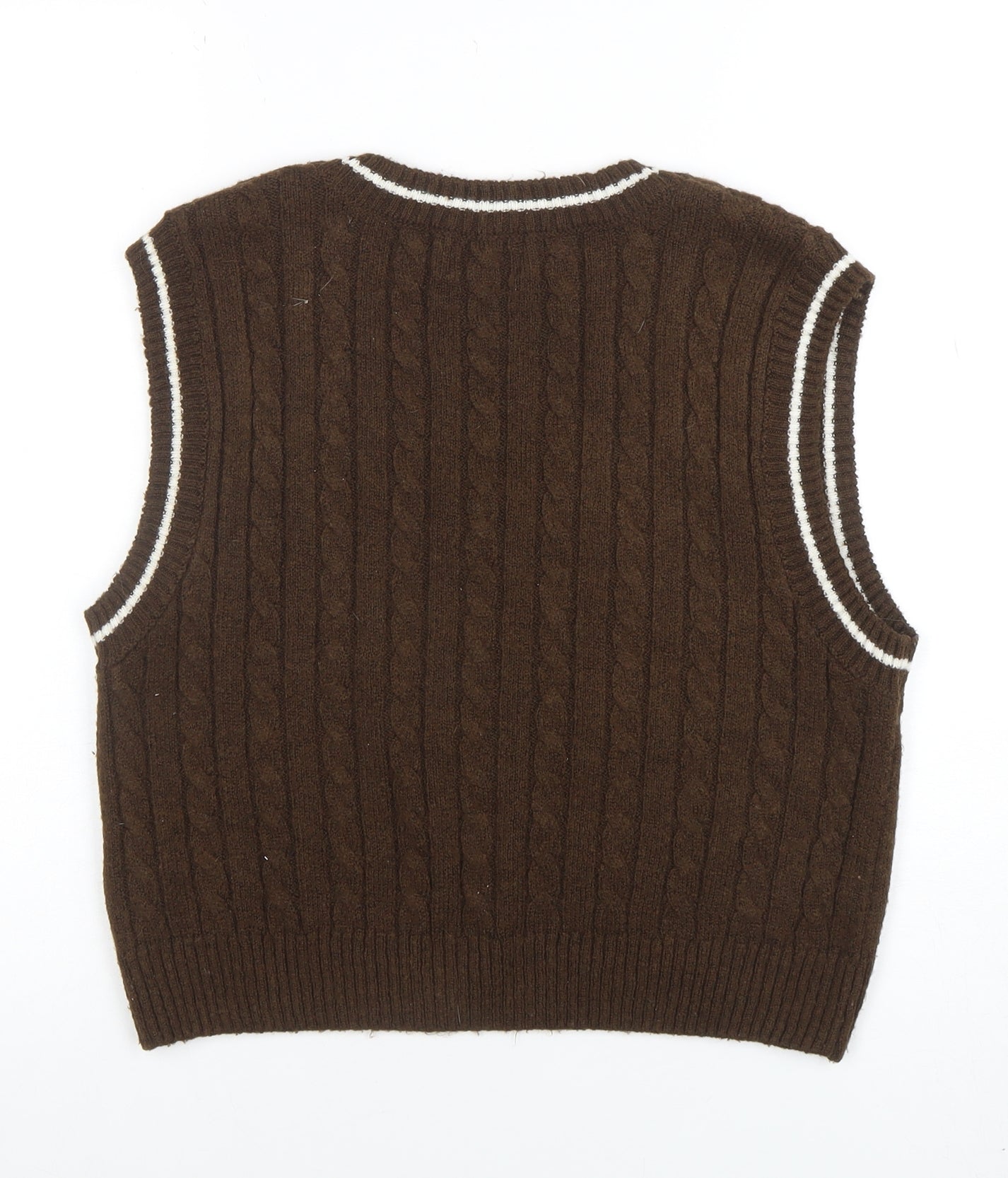 Pull&Bear Teen Brown Cable-Knit V-Neck Sleeveless Vest M