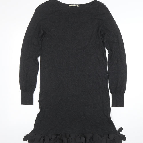 Oasis Women Black Knit Shift Dress Size S Long Sleeve Ruffle Hem
