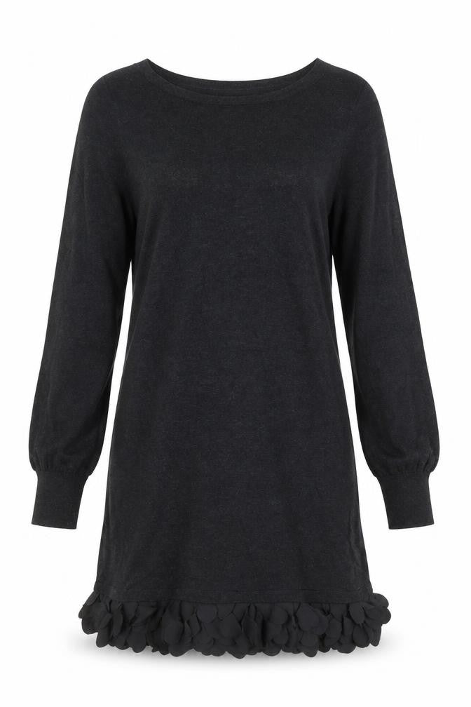 Oasis Women Black Knit Shift Dress Size S Long Sleeve Ruffle Hem