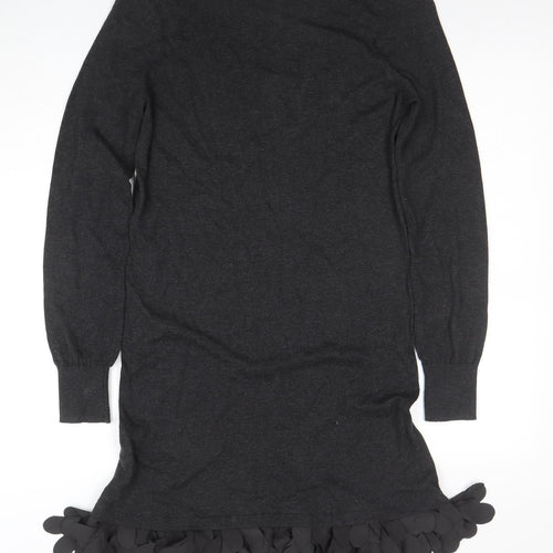 Oasis Women Black Knit Shift Dress Size S Long Sleeve Ruffle Hem