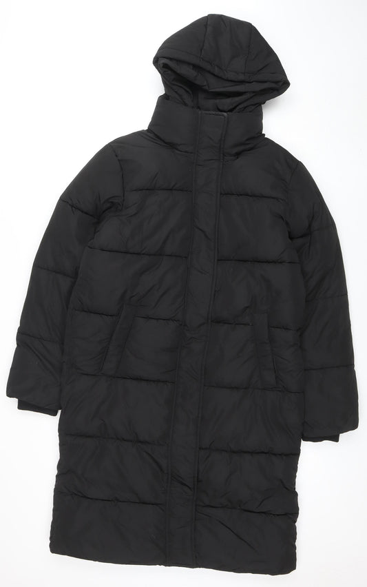 New Look Womens Black UK 10 Puffer Jacket Hooded Mid-Length Polyester Warm Winter Coat