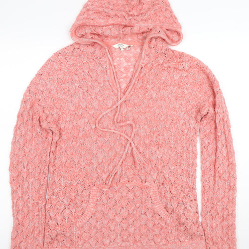 FatFace Women’s Pink Open-Knit Hooded Pullover Jumper Size 12