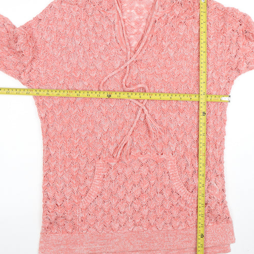 FatFace Women’s Pink Open-Knit Hooded Pullover Jumper Size 12