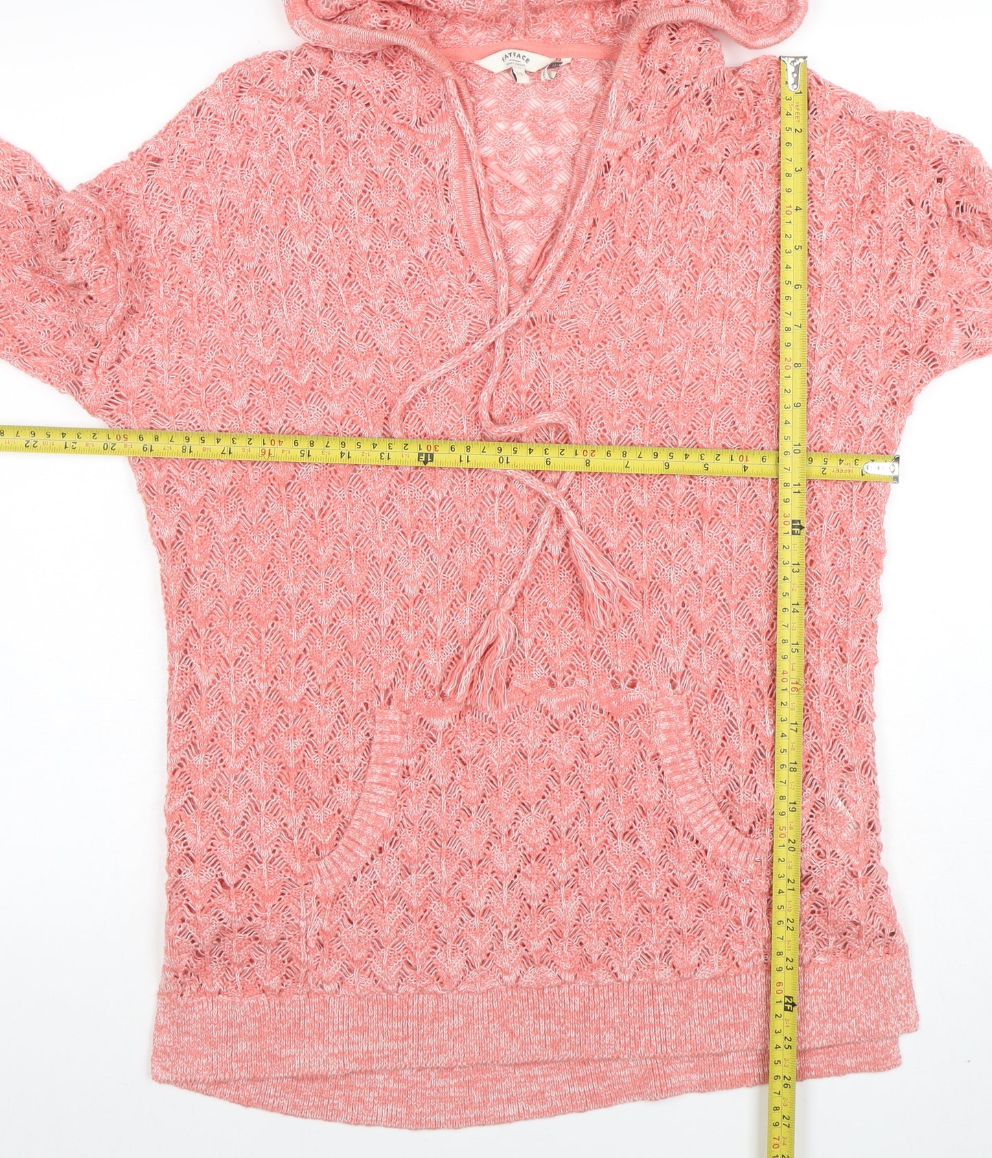 FatFace Women’s Pink Open-Knit Hooded Pullover Jumper Size 12