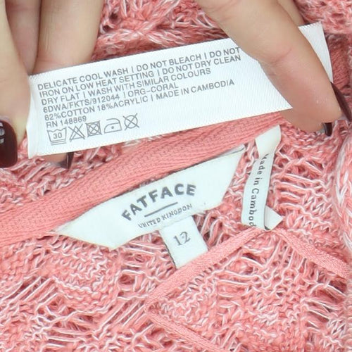 FatFace Women’s Pink Open-Knit Hooded Pullover Jumper Size 12