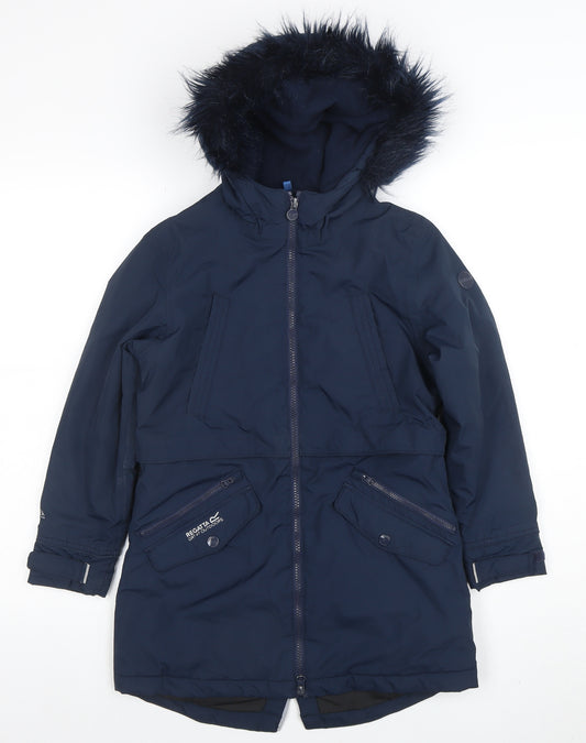 Regatta Girls Blue Hooded Long Parka Coat 9-10 Years Water Resistant