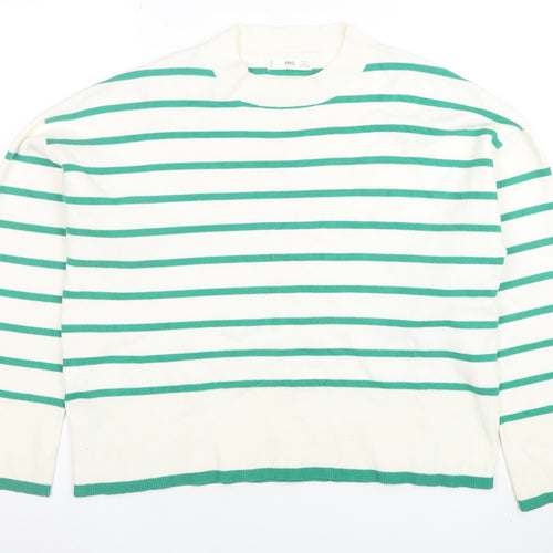 MNG Women’s White Green Striped Knit Long Sleeve Top Size L
