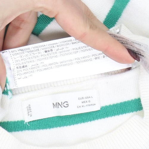 MNG Women’s White Green Striped Knit Long Sleeve Top Size L