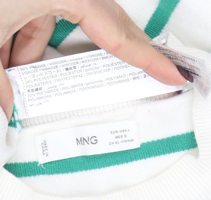 MNG Women’s White Green Striped Knit Long Sleeve Top Size L