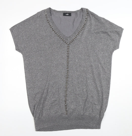 Wallis Womens Grey Beaded V-Neck Short Sleeve Knit Top L