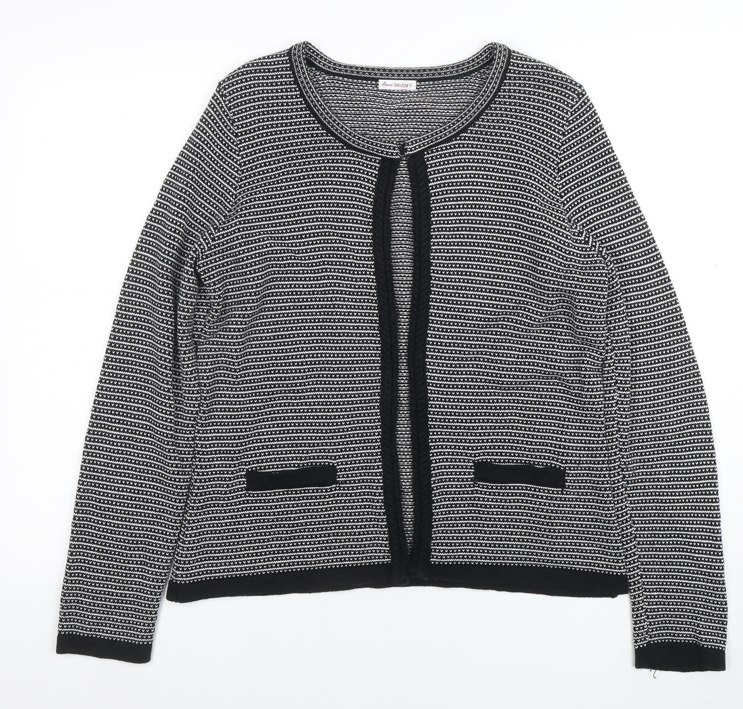 Anne Weyburn Women Black Striped Knit Cardigan Size 12 Classic Round Neck