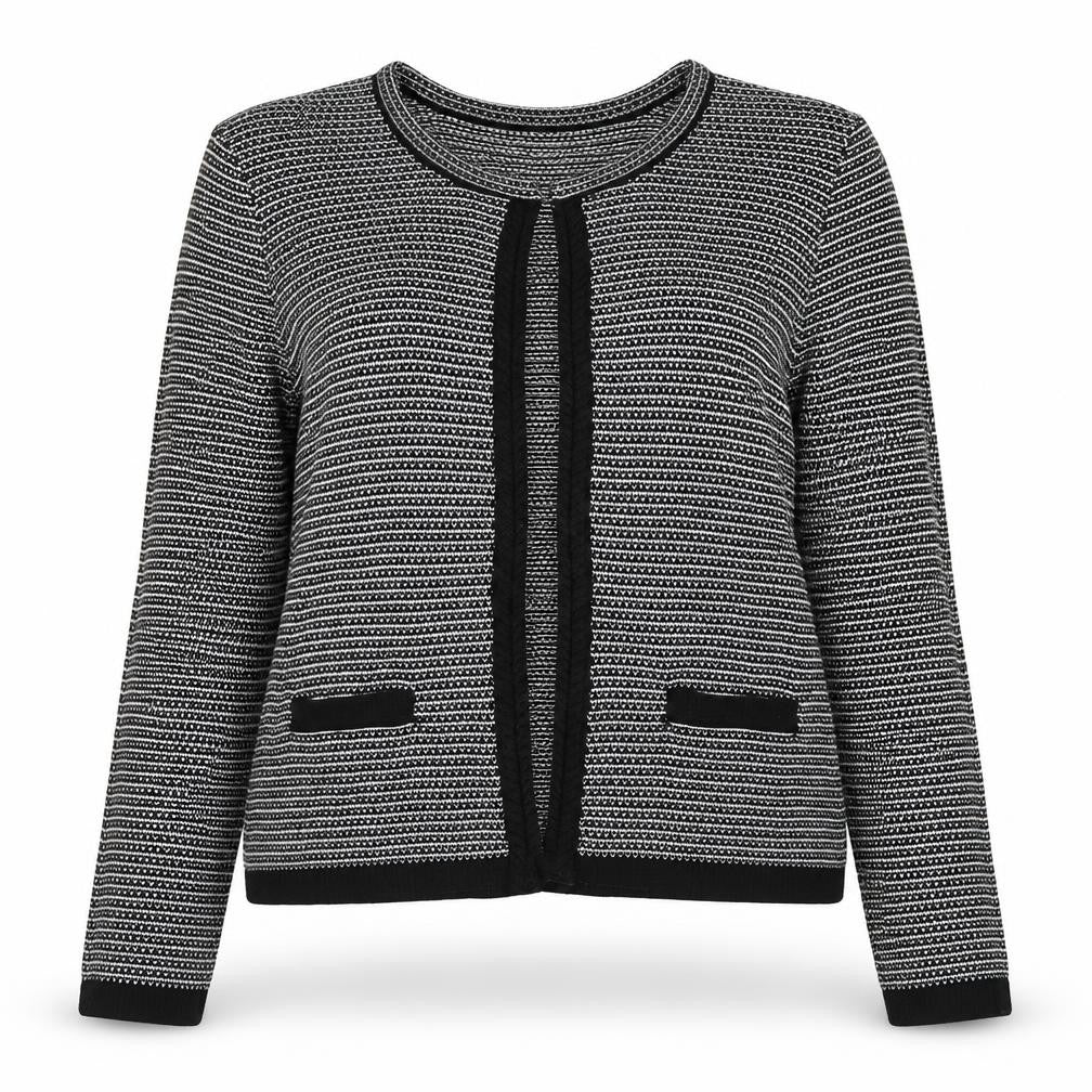 Anne Weyburn Women Black Striped Knit Cardigan Size 12 Classic Round Neck