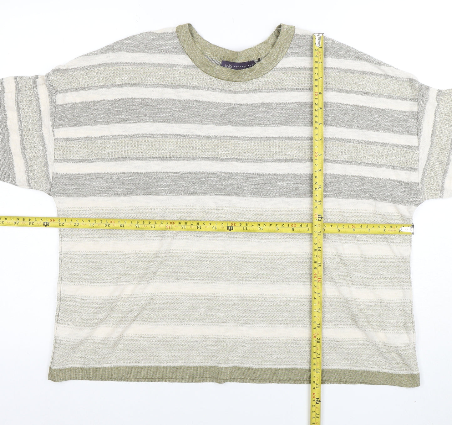 Marks and Spencer Women Beige Striped Short Sleeve Cotton Blend T-Shirt Size 20