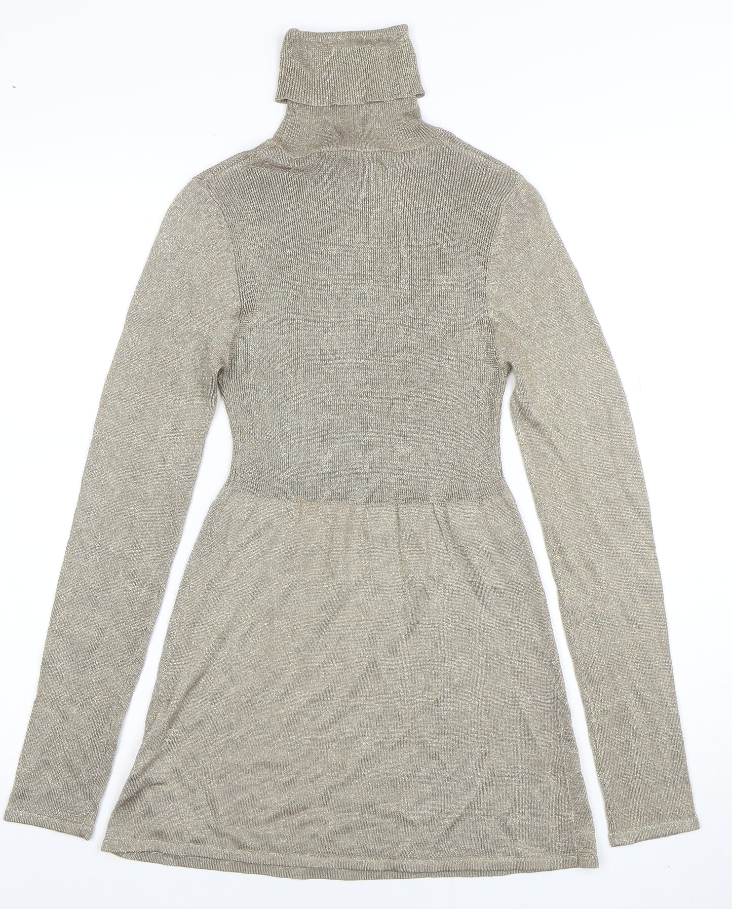 ZARA Women's Gold Knit Roll Neck Fit & Flare Dress Size 12