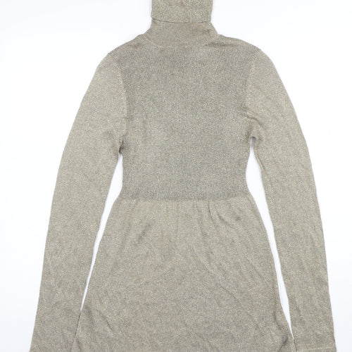 ZARA Women's Gold Knit Roll Neck Fit & Flare Dress Size 12