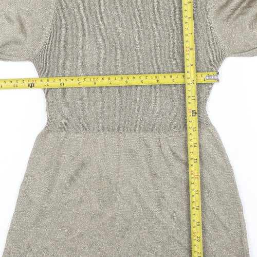 ZARA Women's Gold Knit Roll Neck Fit & Flare Dress Size 12