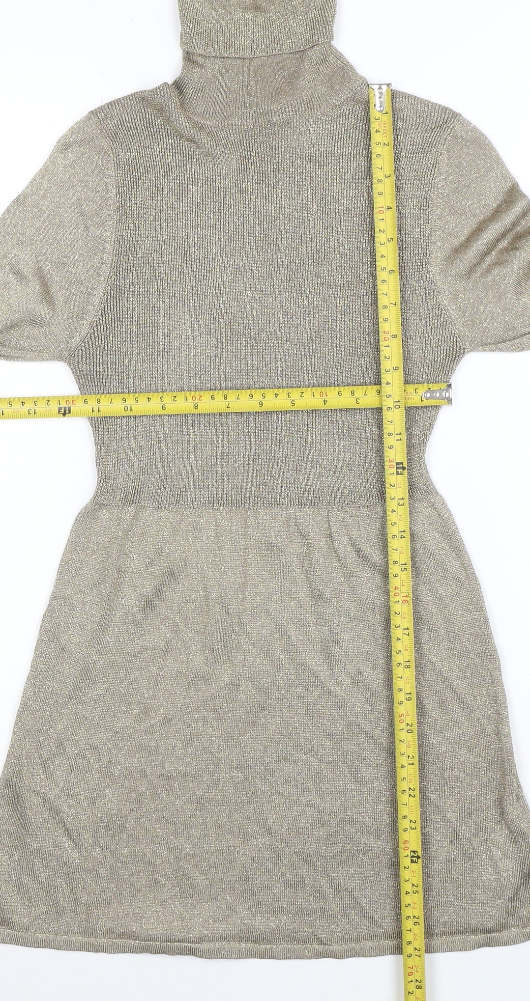ZARA Women's Gold Knit Roll Neck Fit & Flare Dress Size 12