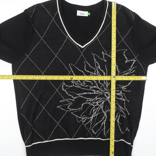 XDS Women's Black XL V-Neck Cotton Knit Argyle Floral Jumper