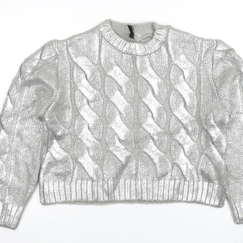 H&M Divided Women Silver Cable-Knit Metallic Pullover Jumper Size M