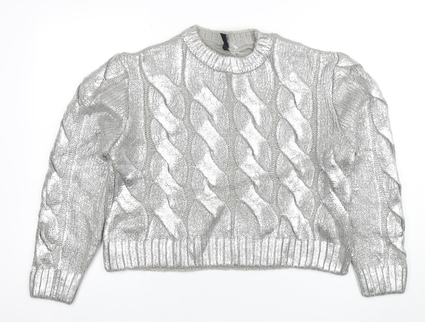 H&M Divided Women Silver Cable-Knit Metallic Pullover Jumper Size M