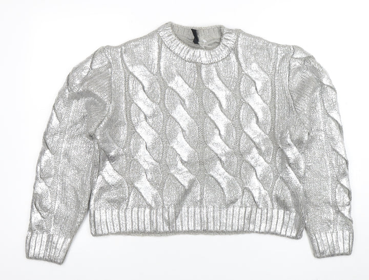 H&M Divided Women Silver Cable-Knit Metallic Pullover Jumper Size M