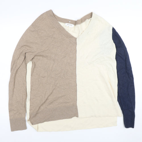 White Stuff Women Beige Cream Blue V-Neck Colourblock Cotton Jumper L