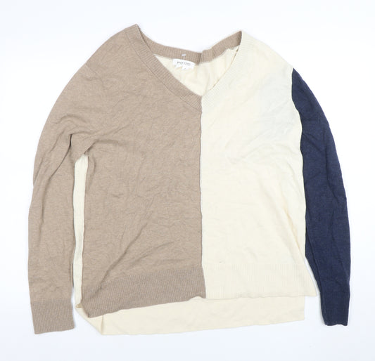 White Stuff Women Beige Cream Blue V-Neck Colourblock Cotton Jumper L