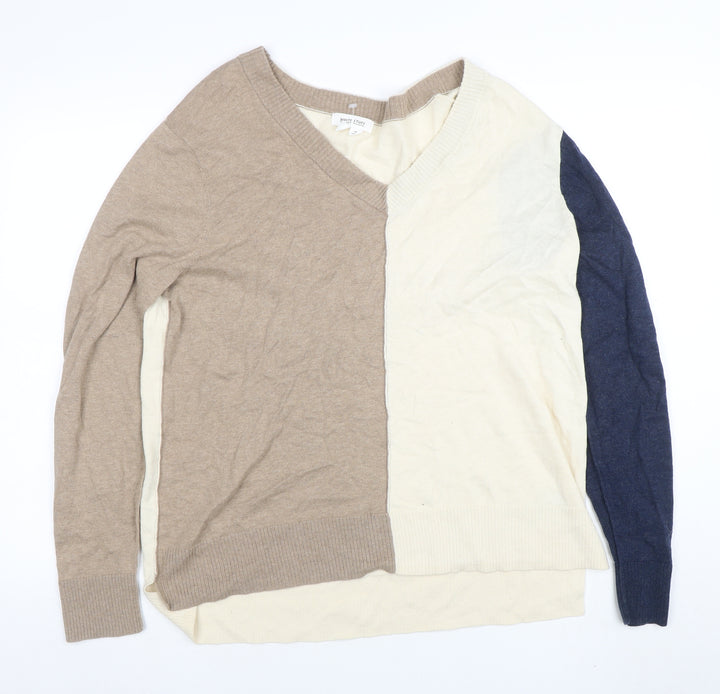 White Stuff Women Beige Cream Blue V-Neck Colourblock Cotton Jumper L